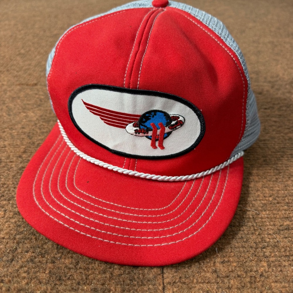 Vintage DeLONG Sportswear Trucker Hat Red Blue Winged Globe 11 Made in USA Large